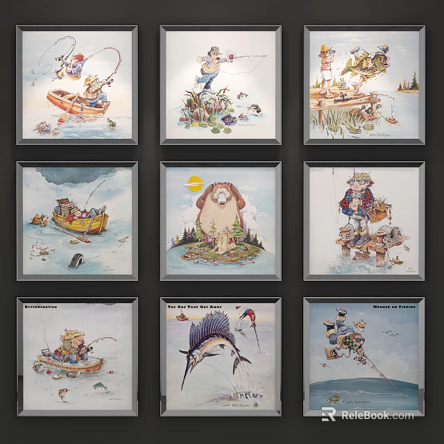 Cartoon Style Animal Paintings With Fishing Boating Nature Scenes Framed Art Decor 3d model 