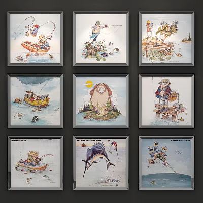 Cartoon Style Animal Paintings With Fishing Boating Nature Scenes Framed Art Decor 3d model