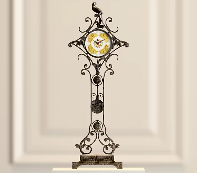 Ornate Iron Floor Clock With Golden Dial Marble Base Against Light Colored Wall Background 3d model