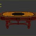 Elegant Decorative Oval Table With Orange Black Inlaid Top And Golden Border Carved Red Legs