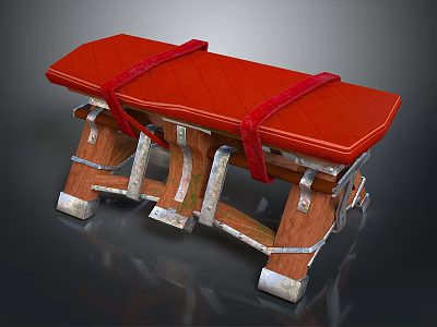 Red Leather Upholstered Wooden Bench With Metal Accents And Vintage Design 3d model