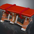 Red Leather Upholstered Wooden Bench With Metal Accents And Vintage Design