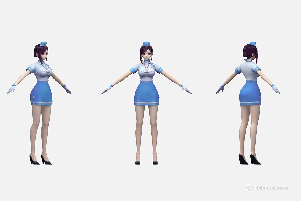 Woman in Blue White Uniform with Hat and Skirt Shown from Different Angles 3d model 