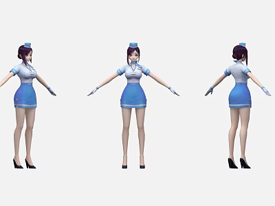Woman in Blue White Uniform with Hat and Skirt Shown from Different Angles 3d model