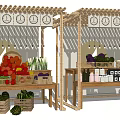 Fresh Farmers Market Stall With Wooden Structure And Hanging Signs Displaying Fruits Vegetables And Bottles