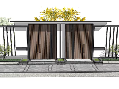 Wooden Double Door Entrance Gate With Yellow Plants On Top And Black Lattice Sides 3d model