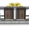 Wooden Double Door Entrance Gate With Yellow Plants On Top And Black Lattice Sides