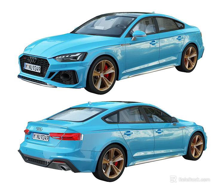 Blue Audi Sports Car With Gold Alloy Wheels Front And Rear Views 3d model 