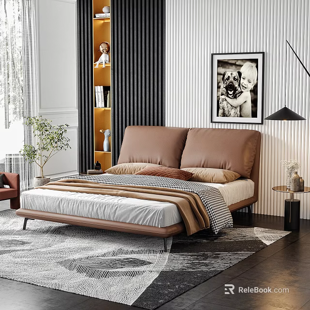 Modern Bedroom Interior With Double Bed Brown Headboard And Bedding 3d model