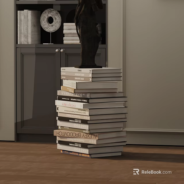 Elegant Side Table With Stacked Books Black Sculpture Gray Cabinet And Wooden Floor 3d model 