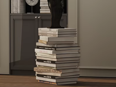 Elegant Side Table With Stacked Books Black Sculpture Gray Cabinet And Wooden Floor 3d model