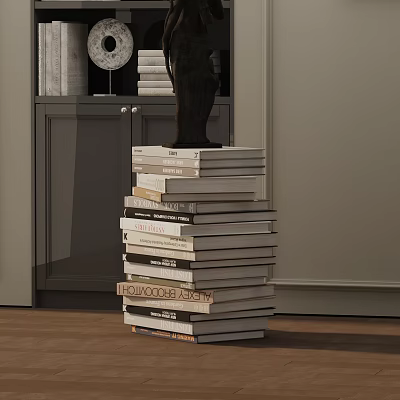 Elegant Side Table With Stacked Books Black Sculpture Gray Cabinet And Wooden Floor 3d model