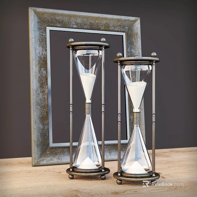 Decorative Ornament Set With Two Glass Hourglasses And Vintage Frame On Wooden Table 3d model 