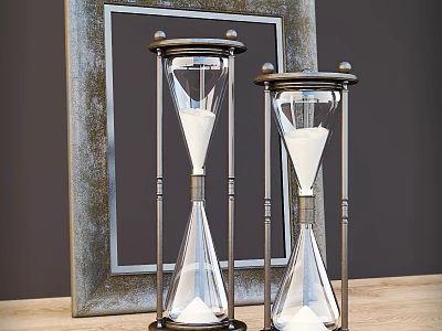 Decorative Ornament Set With Two Glass Hourglasses And Vintage Frame On Wooden Table 3d model