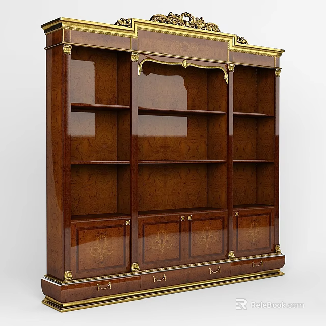 Dark Brown Vintage Storage Cabinet With Open Shelves And Gold Accents 3d model 