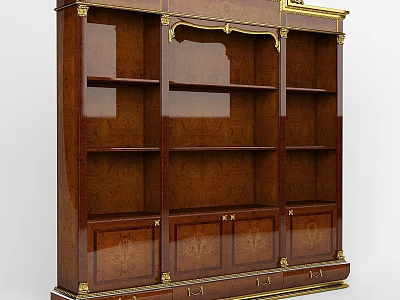Dark Brown Vintage Storage Cabinet With Open Shelves And Gold Accents 3d model