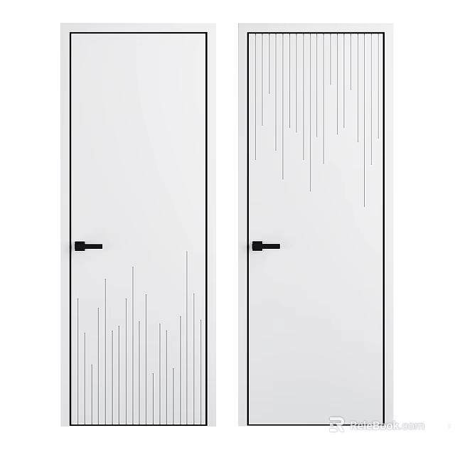 Modern White Swing Door With Vertical Line Patterns And Black Door Handles 3d model