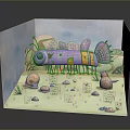 Purple Insect Themed Miniature Paper Craft Scene With Green Plants And Blue Sky
