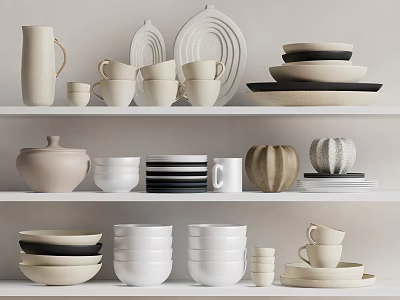 Modern Minimalist Dinnerware Set With Cups Bowls Plates Jars And Vases On Shelves 3d model