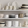 Modern Minimalist Dinnerware Set With Cups Bowls Plates Jars And Vases On Shelves