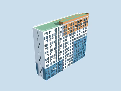 Modern Residential Building with White Blue and Orange Facade Green Roof and Multiple Floors Design 3d model