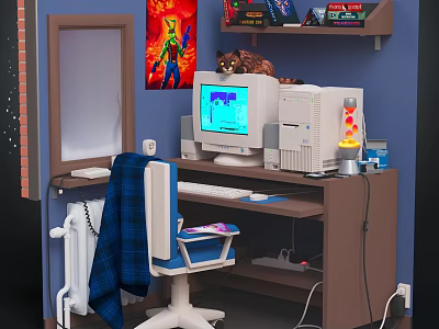 Home Office Furniture Desk Chair With Computer Lamp Poster And Shelf 3d model