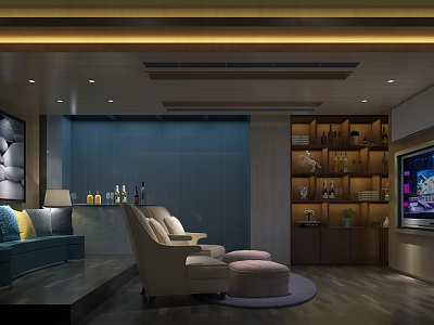 Luxurious Home Theater Room With Comfortable Seating TV Screen Wine Rack And Warm Lighting 3d model