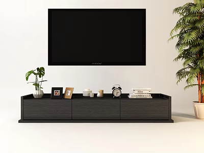 Modern Black Wooden TV Stand with Photo Frames Small Plant Clock Books and Large Plant 3d model