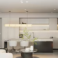 Modern Open Concept Dining Living Room Interior With Sofa Dining Table Fireplace And Pendant Lights