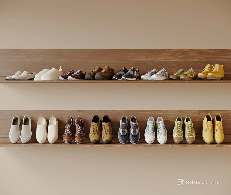 Shoes Neatly Arranged On Two Rows Of Wooden Shelves With Various Colors And Different Styles 3d model 