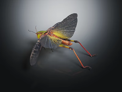 Grasshopper With Green And Yellow Body Transparent Wings And Red Legs On Dark Background 3d model