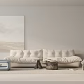Modern Minimalist Sofa and Coffee Table Set with Blue Accent Chair and Wall Art