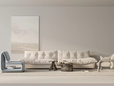 Modern Minimalist Sofa and Coffee Table Set with Blue Accent Chair and Wall Art 3d model