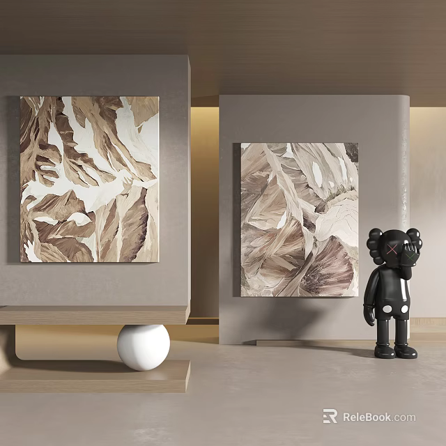 Abstract Painting With Leaf Patterns In Modern Interior With Decorative Figurine 3d model