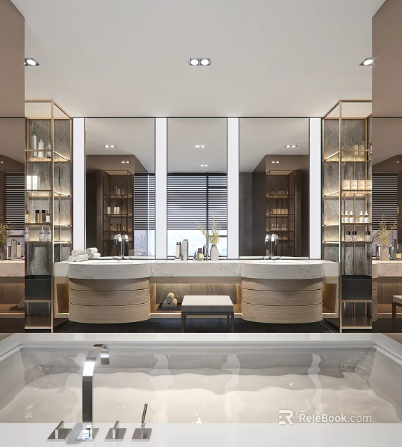 Modern Elegant Public Restroom Interior Design With Mirrored Walls Sleek Vanities And Lighting 3d model 