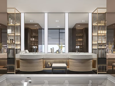 Modern Elegant Public Restroom Interior Design With Mirrored Walls Sleek Vanities And Lighting 3d model
