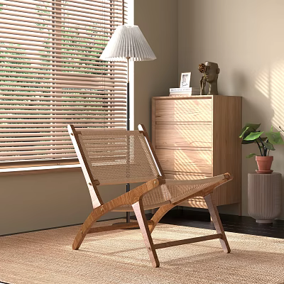 Wooden Rattan Lounge Chair In Bright Interior With Window Blinds And Green Plant 3d model