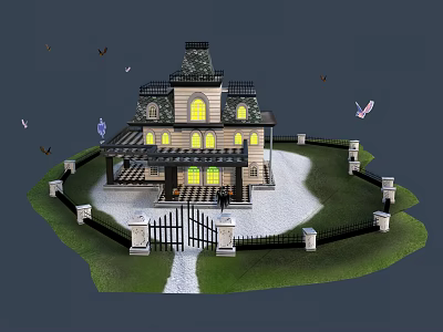 Cartoon Scene Of A Lit House With Lawn Fence Gate And Flying Butterflies 3d model