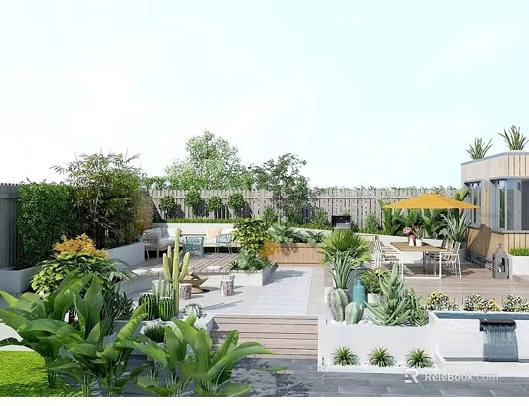 Stunning Garden Landscape With Diverse Plants Outdoor Seating Potted Cacti And Wooden Terrace 3d model 