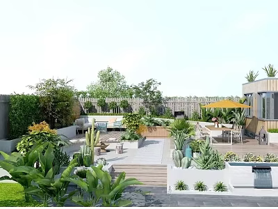 Stunning Garden Landscape With Diverse Plants Outdoor Seating Potted Cacti And Wooden Terrace 3d model