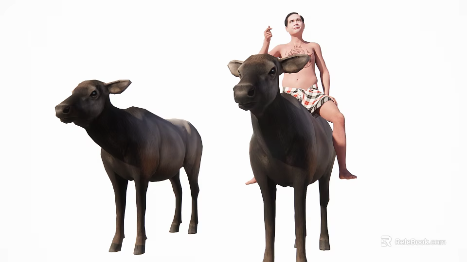Man Riding Water Buffalo Next to Another Buffalo in Outdoor Scene 3d model 