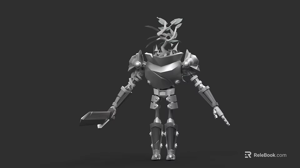 3D Robot Character With Plant Head And Metal Armor Holding Weapon 3d model 