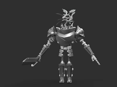 3D Robot Character With Plant Head And Metal Armor Holding Weapon 3d model