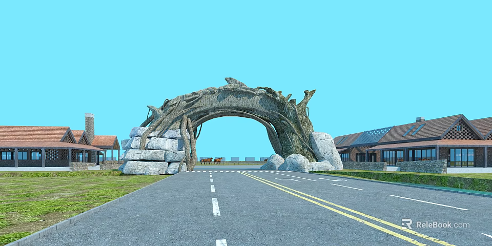 Natural Branched Arch Entrance Gate With Stone Base And Scenic Roadway Against Blue Sky 3d model 