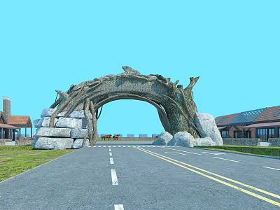 Natural Branched Arch Entrance Gate With Stone Base And Scenic Roadway Against Blue Sky 3d model