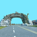 Natural Branched Arch Entrance Gate With Stone Base And Scenic Roadway Against Blue Sky