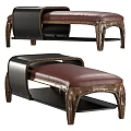 Brown And Black Leather Upholstered Footstool With Wooden Carved Legs