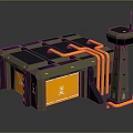 Military Style Industrial Facility With Green Exterior Yellow Pipes And Control Tower