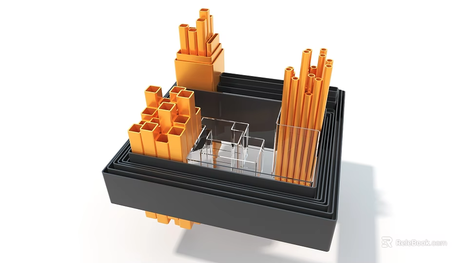 Modern Art Installation Featuring Black Base Orange Columnar Structures and Metal Framework 3d model 