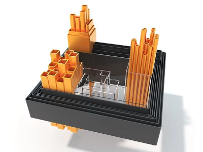 Modern Art Installation Featuring Black Base Orange Columnar Structures and Metal Framework 3d model